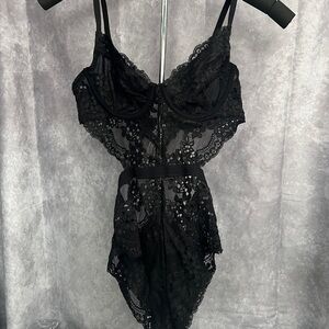 Forever 21 Women's Sheer Lace Lingerie Bodysuit in Black Medium